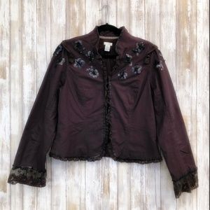 Odille for Anthropologie Brown Sequin Lace Trim Cotton Jacket